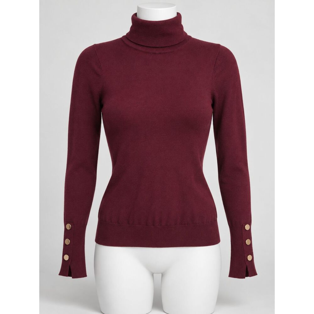 Fashion Nova Women’s M Burgundy Turtleneck Sweater Gold Button Split Cuffs